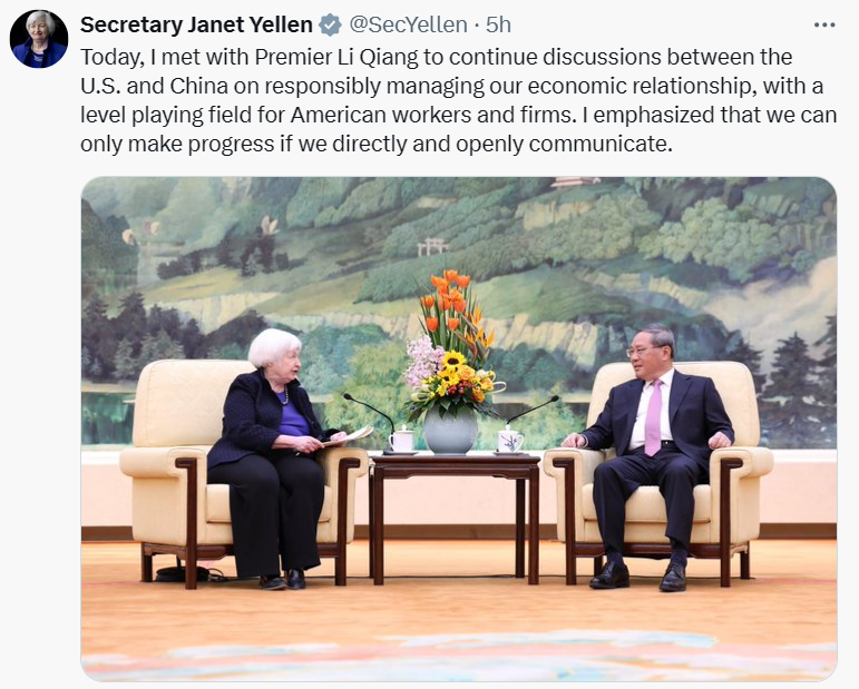 访华进行中，美国财政部长在X(原称推特）上说……